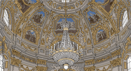 Ornate dome interior with a crystal chandelier, painted scenes, and gilded trim