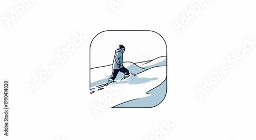 Person in winter gear walks through snowy dunes, leaving footprints