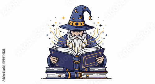 A wizard with a long white beard and a starry hat reads from a magical book