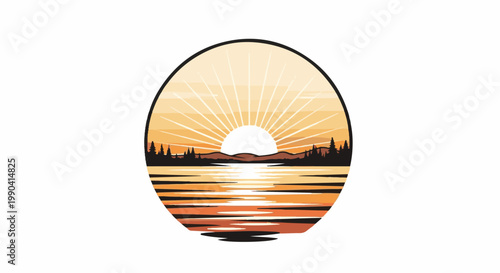 Sunburst over tranquil water, reflecting trees and distant hills