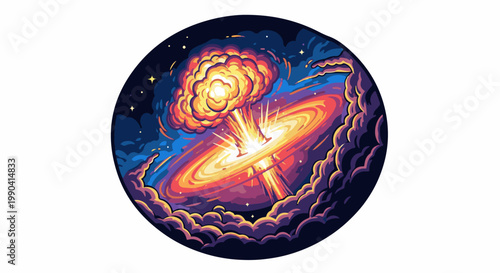 A vibrant cosmic explosion erupts with swirling colors and bright light