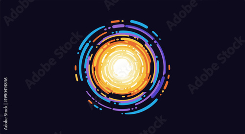 Bright, pixelated circular burst of light with colorful, fragmented orbital rings