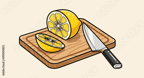 A cutting board with a knife and sliced lemons, ready for preparation