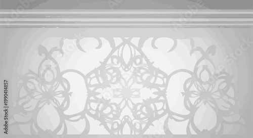 Ornate grey gradient with symmetrical floral-like abstract patterns and horizontal lines