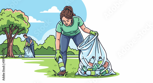 Volunteers clean up park litter, collecting plastic bottles in bags under a large tree