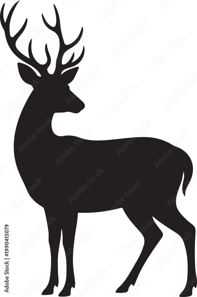 Fototapeta premium Vector black silhouette of a standing reindeer isolated on a white background