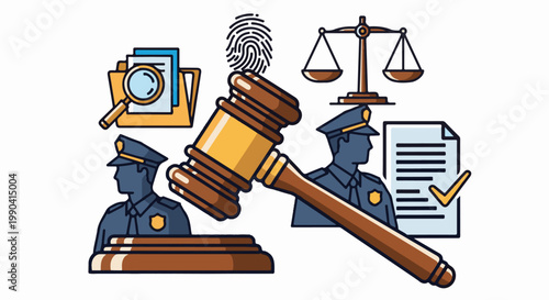 Courtroom scene with gavel, police officers, scales of justice, fingerprint, and documents