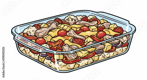 A cartoon illustration of a glass dish filled with colorful chopped vegetables and pieces of meat