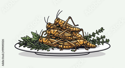 A pile of roasted grasshoppers served on a white plate with sprigs of rosemary and parsley