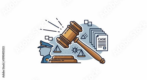 Illustration of justice concepts gavel, scales, documents, and a law enforcement officer silhouette