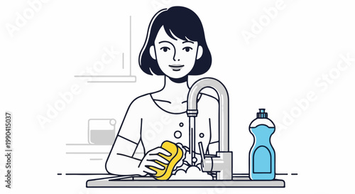 A person washes dishes at a sink with soap and a sponge