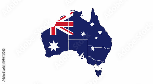 Map of Australia filled with its national flag colors and symbols on a white background