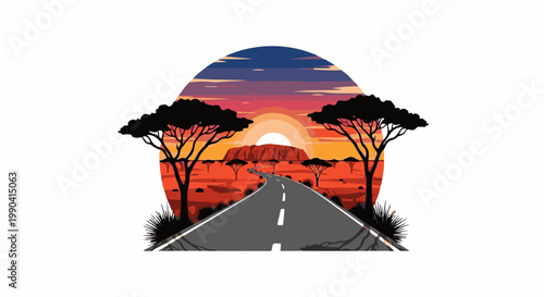 Scenic desert road leads towards a vast sunset with silhouetted trees and rock formation