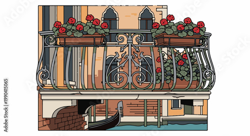 Ornate balcony with red flowers overlooks a canal with a gondola