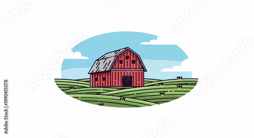 A charming red barn sits on a rolling green hill under a bright blue sky with white clouds