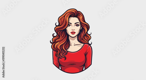 A pixelated portrait of a woman with vibrant red, wavy hair and red clothing