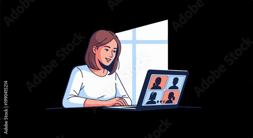 Woman participating in an online meeting via laptop