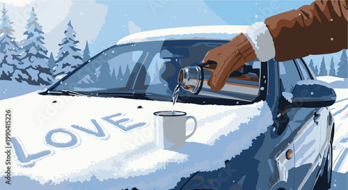 Snowy car hood, a hand pours a drink into a mug, word "LOVE" written in snow