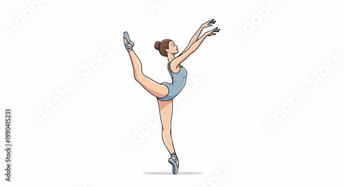 Graceful ballerina in a light blue leotard performs a high leg extension, arms extended upwards