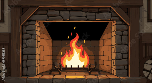 Cozy pixel art fireplace with a warm crackling fire, stone hearth, and wooden mantle