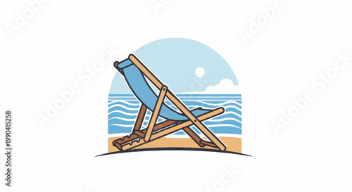 A blue deck chair rests on a sandy beach with waves and a clear sky