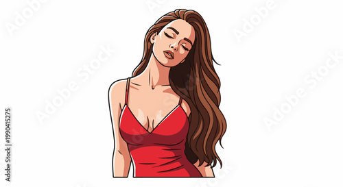 Stylized portrait of a woman in a red dress with long flowing brown hair