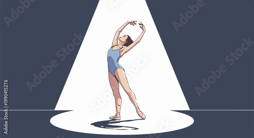Graceful dancer in a blue leotard performs ballet in a spotlight