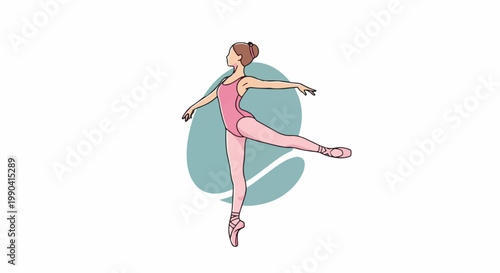 Graceful ballerina in pink leotard and tights, executing a ballet pose with arms outstretched