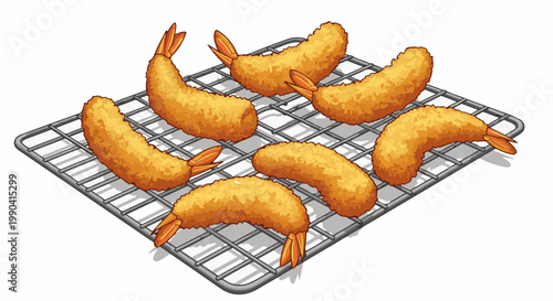 Crispy breaded shrimp arranged on a wire cooling rack, isolated on a white background
