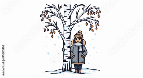 A person in winter attire stands by a snow-covered tree as snowflakes fall