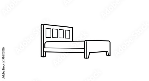 A simple line drawing depicts a modern bed frame with a rectangular headboard featuring three recessed panels