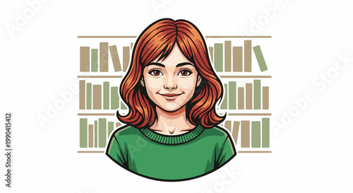 A young woman with red hair, wearing a green sweater, smiles in front of bookshelves filled with books