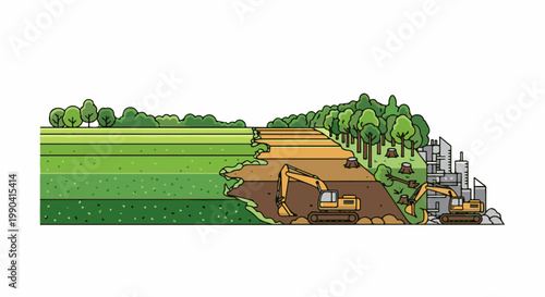 Illustration showing landscape transition from green fields to deforested area with machinery and buildings
