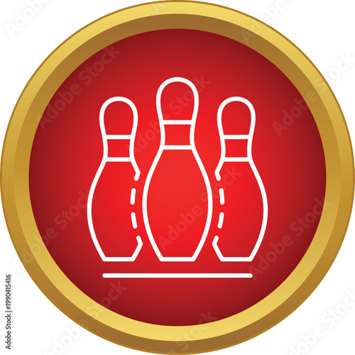 Three white bowling pins standing on a red circle with a golden border