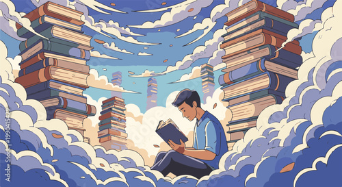 Young person immersed in book, surrounded by floating stacks of literature against a cloudy sky