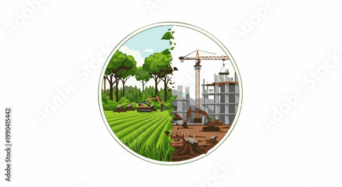 Nature versus development split image with machinery