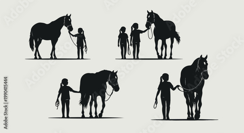 Silhouettes of children leading horses in various poses, suggesting equestrian activities and bonds