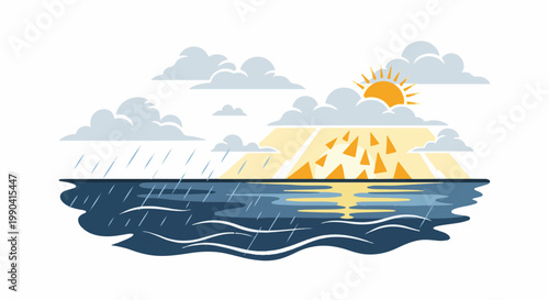 A divided horizon shows rain on the left and sunbeams on the right, meeting over dark blue water