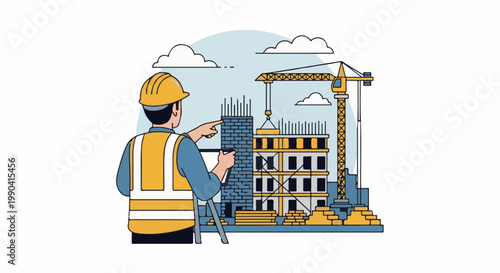 A construction worker in a hard hat and vest points at a building under construction, with a crane overhead