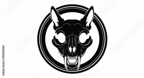 Skull bat emblem with flaming eyes and gothic fangs inside circular black lines vector logo design featuring horror icon, monochrome, badge with
