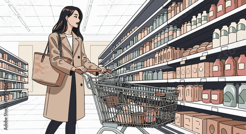Woman pushing a shopping cart down a grocery store aisle filled with products on shelves