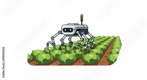A six-legged robot tends to rows of green crops in a field, harvesting produce with its mechanical arms