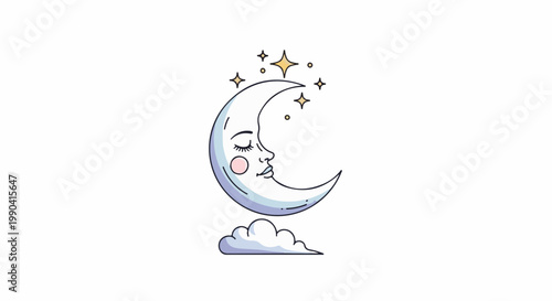 Crescent moon with closed eyes, cheeks blushed, surrounded by sparkling stars above a fluffy cloud