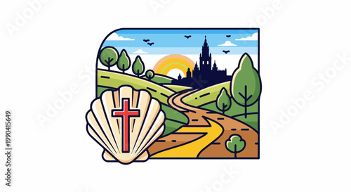 Stylized landscape with a cross within a shell, rolling hills, path, and city silhouette