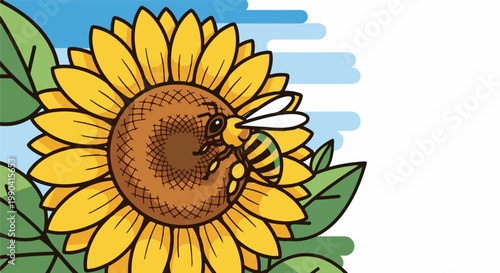 A charming cartoon bee pollinates a large, bright yellow sunflower under a blue sky with puffy white clouds