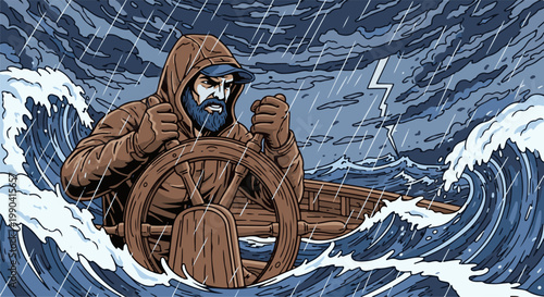 A bearded mariner grips the wheel of a small boat navigating rough seas during a stormy tempest with lightning