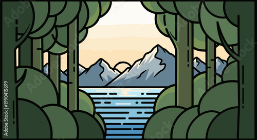 A serene forest frames a view of calm waters, majestic mountains, and a gentle sunrise