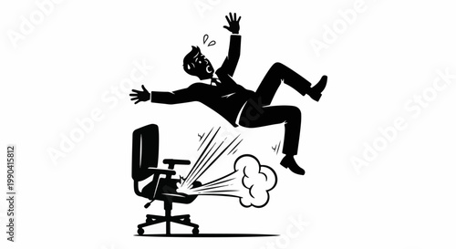 A businessman in a suit is propelled upwards by an office chair, arms flailing in surprise