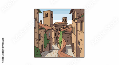 Narrow cobblestone alley winds through ancient Italian town with terracotta roofs and bell towers