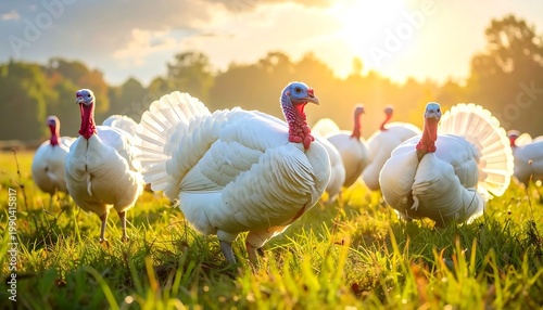 White Turkeys Flock In A Sunny Green Meadow At Golden Hour With Spread Feathers And Vibrant Red Wattles Against A Hazy Forest Background At Sunset